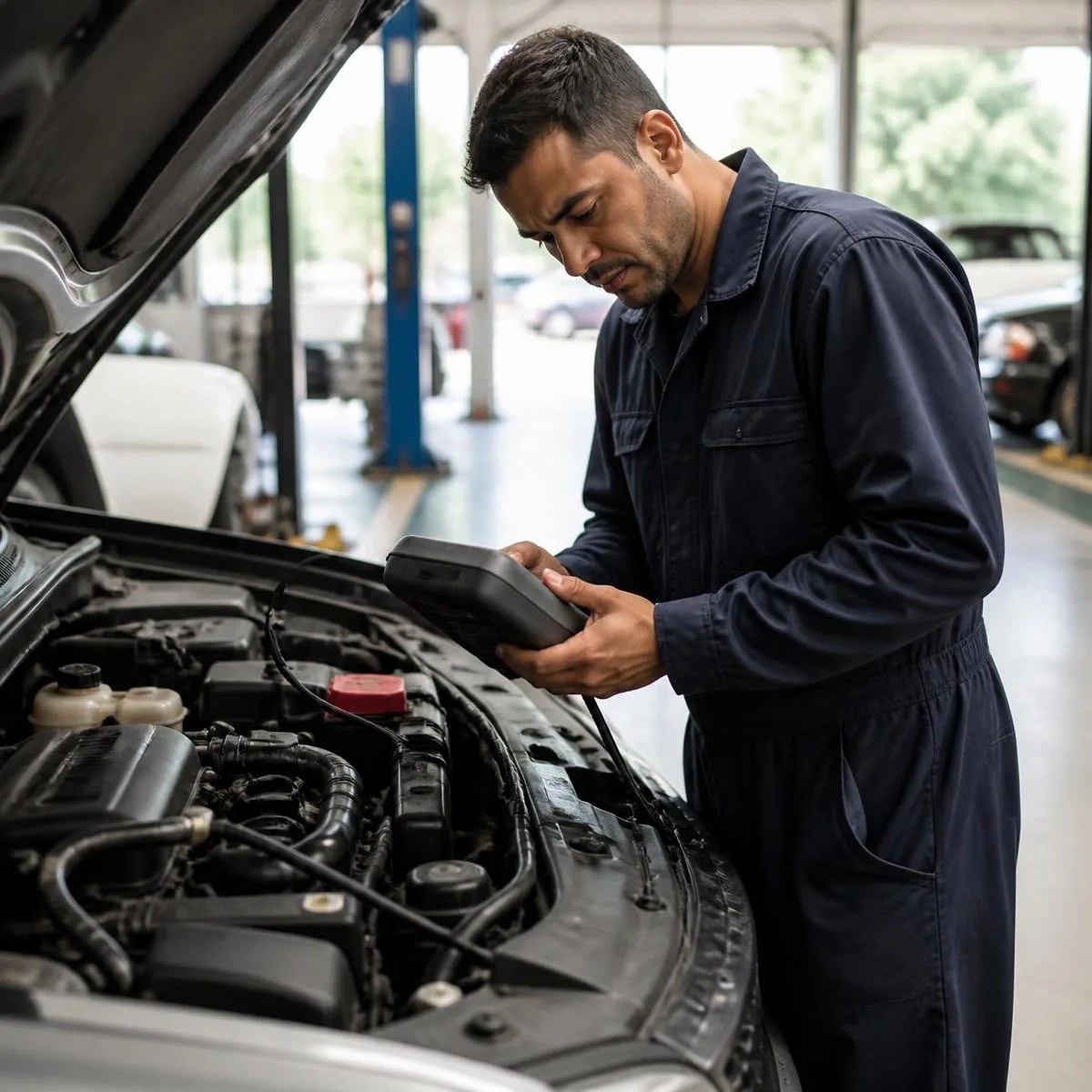 Mecânico avaliando o motor de um veículo com equipamento de diagnóstico